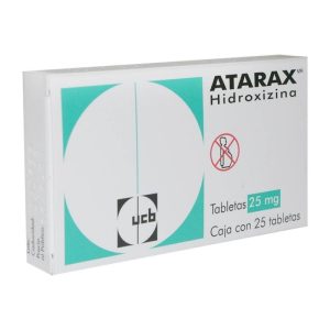 Packung von Atarax (Hydroxyzin) Tabletten. Beruhigungsmittel zur Behandlung von Angstzuständen.